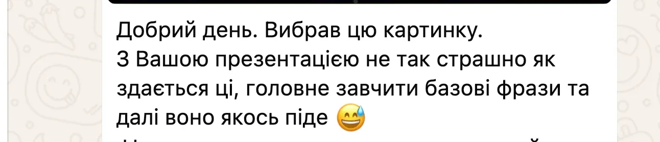 Добрий день. Вибрав цю картинку. З Вашою презентацією не так страшно як здається ці, головне завчити базові фрази та далі воно якось піде 😅